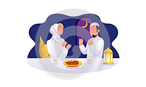 Flat Design Iftar Eating After Fasting feast party concept. Muslim family dinner on Ramadan Kareem