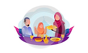 Flat Design Iftar Eating After Fasting feast party concept. Muslim family dinner on Ramadan Kareem