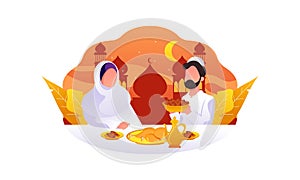 Flat Design Iftar Eating After Fasting feast party concept. Muslim family dinner on Ramadan Kareem