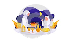 Flat Design Iftar Eating After Fasting feast party concept. Muslim family dinner on Ramadan Kareem