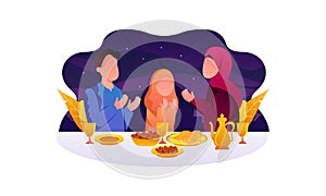 Flat Design Iftar Eating After Fasting feast party concept. Muslim family dinner on Ramadan Kareem