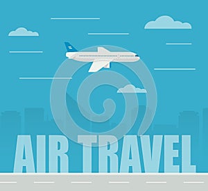 Flat design illustration airplane flying on the skyscrapers background. Air travel