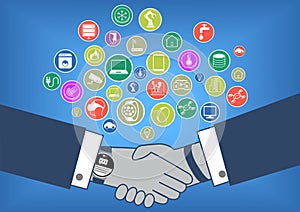 Flat design illustration of business transaction in internet of things era with hand shake and smart watch