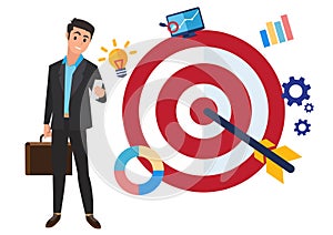 Flat design illustration with businessman character standing with big target and arrow flat design banner isolated on white