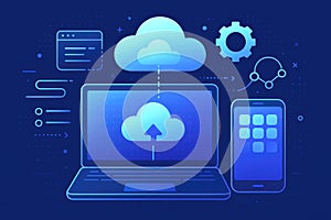 Flat design illustration of cloud computing with laptop and smartphone data transfer technology