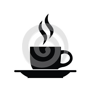 Flat design illustration of a cup of coffee or tea with smoke. Black and white icon, vector