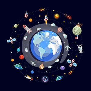 Flat design illustration of Earth with space icons
