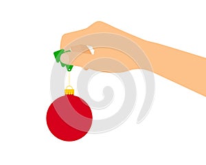 Flat design illustration of a female or male hand holding a red Christmas ornament. Isolated on white background, vector