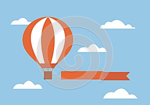 Flat design illustration of flying hot air balloon with ribbon or banner for advertising text. Blue sky and clouds background,