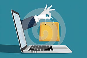Flat design illustration hand emerges from laptop screen holding shopping bag
