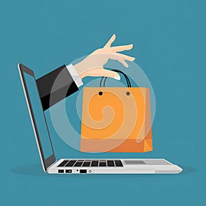 Flat design illustration hand emerges from laptop screen holding shopping bag