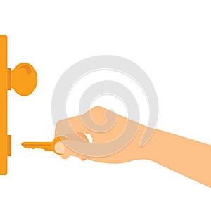 Flat design illustration of hand holding key and unlocking or locking entrance door, vector