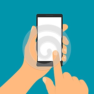 Flat design illustration of hand holding mobile phone with blank white display. Forefinger taps on touch screen, vector