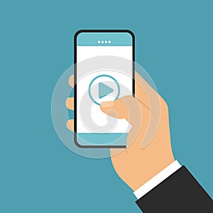 Flat design illustration of hand of manager or businessman holding mobile phone. Click the Play button on the touch screen, vector