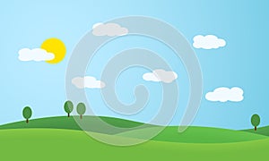 Flat design illustration of landscape with meadows and hills. Green trees under blue sky with sun and white clouds, vector