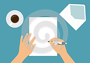 Flat design illustration of male or female hand writing letter with pen on blank sheet of paper. Open envelope and cup of coffee