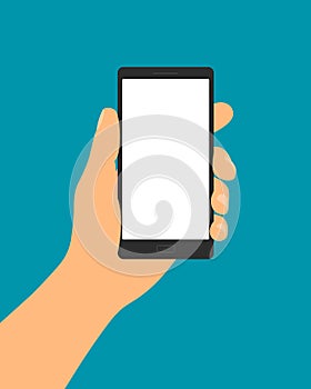 Flat design illustration of male hand holding in fingers mobile phone with blank white touch screen and space for your text.