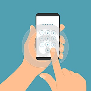 Flat design illustration of male hand holding mobile phone. Enters the PIN code on the numeric keypad of the touch screen, vector