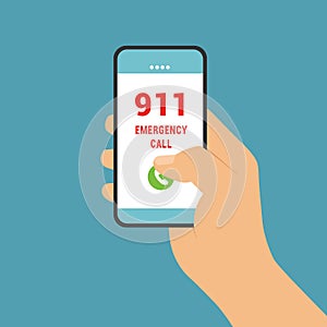 Flat design illustration of male hand holding smartphone. Emergency call to the phone number 911, vector