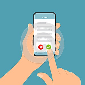 Flat design illustration of male hand holding touch screen mobile phone. Confirms the display terms or license, vector photo