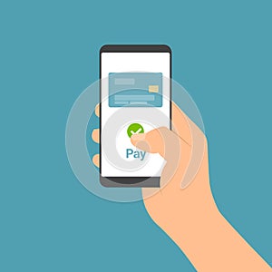 Flat design illustration of male hand holding touch screen mobile phone. Online payment by credit card from internet banking,