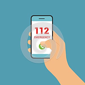 Flat design illustration of male hand holding touch screen mobile phone. Push button call number 112 emergency, vector