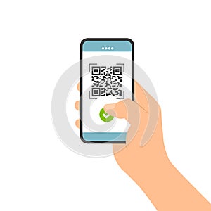 Flat design illustration of male hand holding touch screen mobile phone. Successful QR code scan for payment, vector