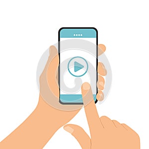Flat design illustration of a man`s hand holding a touch screen mobile phone. On smartphone watching video with play button,