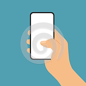 Flat design illustration of man or woman hand holding mobile phone with blank white touch screen on green background, vector