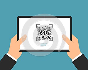 Flat design illustration of a manager`s hand holding a digital tablet with a QR code scan. Suitable for internet banking or