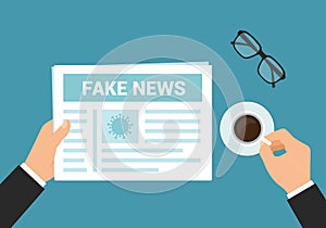 Flat design illustration of a manager`s hand holding a newspaper and reading fake news about Covid. Cup of coffee and glasses on