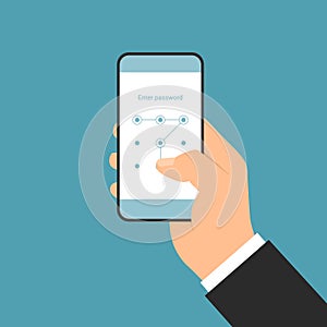 Flat design illustration of a manager`s hand holding a smartphone with a login screen and entering a graphic passcode, vector