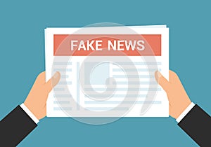 Flat design illustration of manager`s hands holding newspaper and reading fake news, vector
