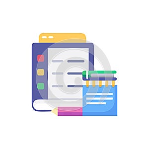 Flat design illustration of notepad, pencil, and stack of books