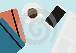 Flat design illustration of office desk with cup of coffee, notebooks and mobile phone, vector