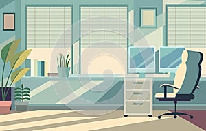 Flat Design Illustration of Office Room with Big Window and Modern Furniture