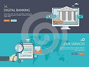 Flat design illustration set with icons and text.Digital banking