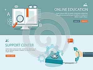 Flat design illustration set with icons and text. Online education and support center