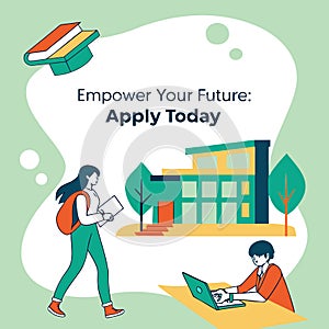 Students engaging in higher education application process at modern campus