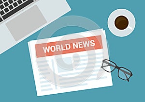 Flat design illustration of top view of newspaper and glasses with cup of coffee and laptop on desk table, vector