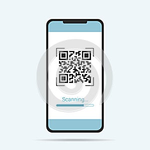 Flat design illustration of touch screen smartphone. QR code scanner with scanning text, vector