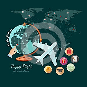 Flat design illustration of tourism and travel, globe and plane fly on other part of world