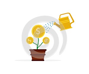 flat design illustration of watering a plant in a pot that growing money or coin, illustration of an investment
