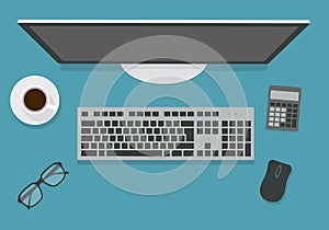 Flat design illustration of wireless computer keyboard on office desk. Monitor with blank screen, mouse and calculator next to a