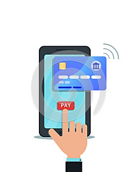 Flat design of instant online mobile payment, shopping concept. Hand finger touching pay button on smartphone screen