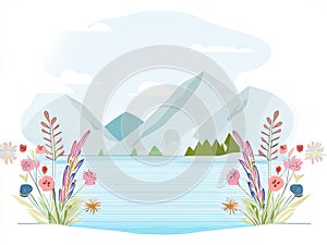 Flat design landscape with forest, lake, mountains and flowers. Vector illustration