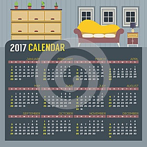 Flat Design Living Room 2017 Printable Calendar Starts Sunday.