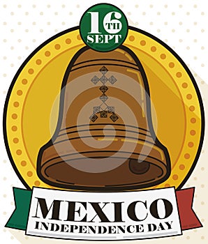 Round Button with Bell and Ribbon for Mexican Independence Day, Vector Illustration photo