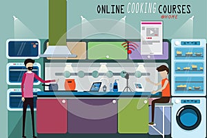 Flat design of making realtime video concept,A man is staying at home and cooking for online course - vector