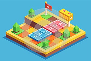 Flat design map featuring a bus stop for public transportation, Hopscotch Customizable Isometric Illustration